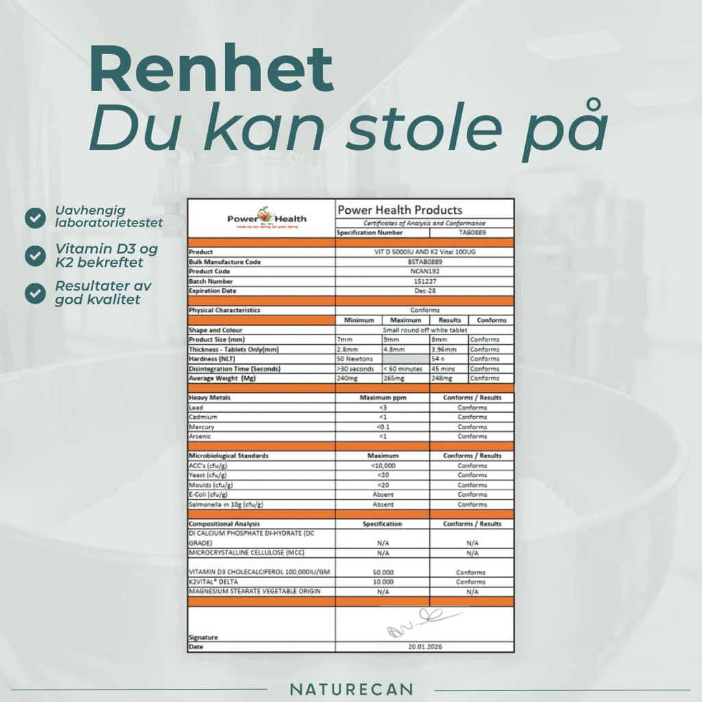 renhet av Vitamin D3 og K2